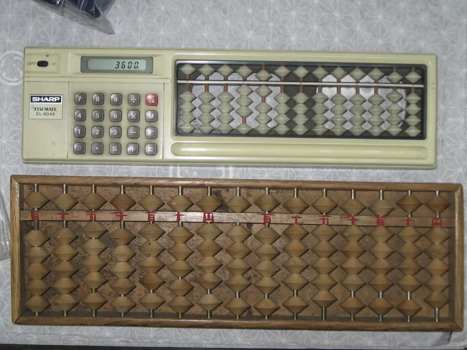An abacus combined with an electronic calculator