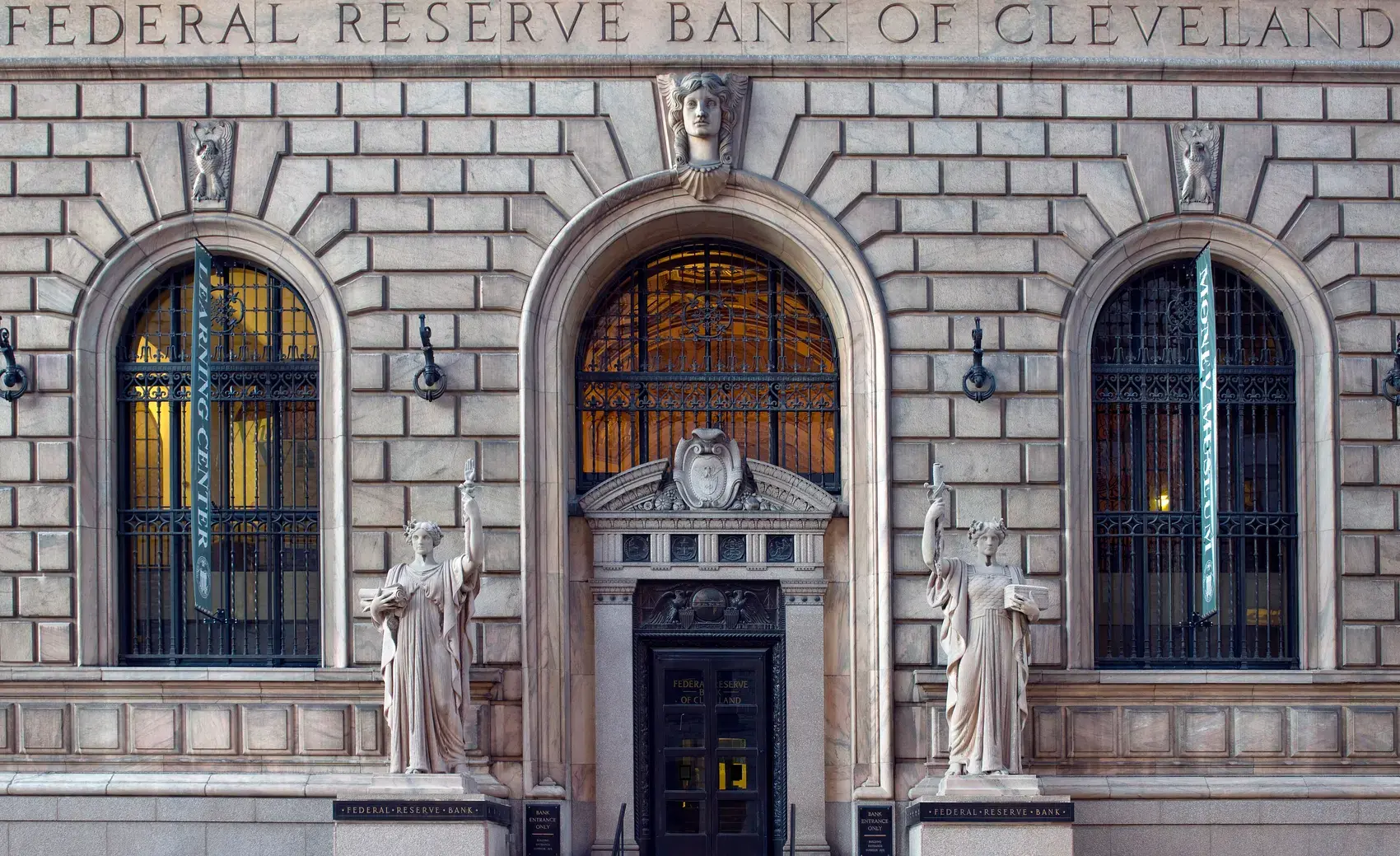 The bronze entrance of the Federal Reserve Bank of Cleveland