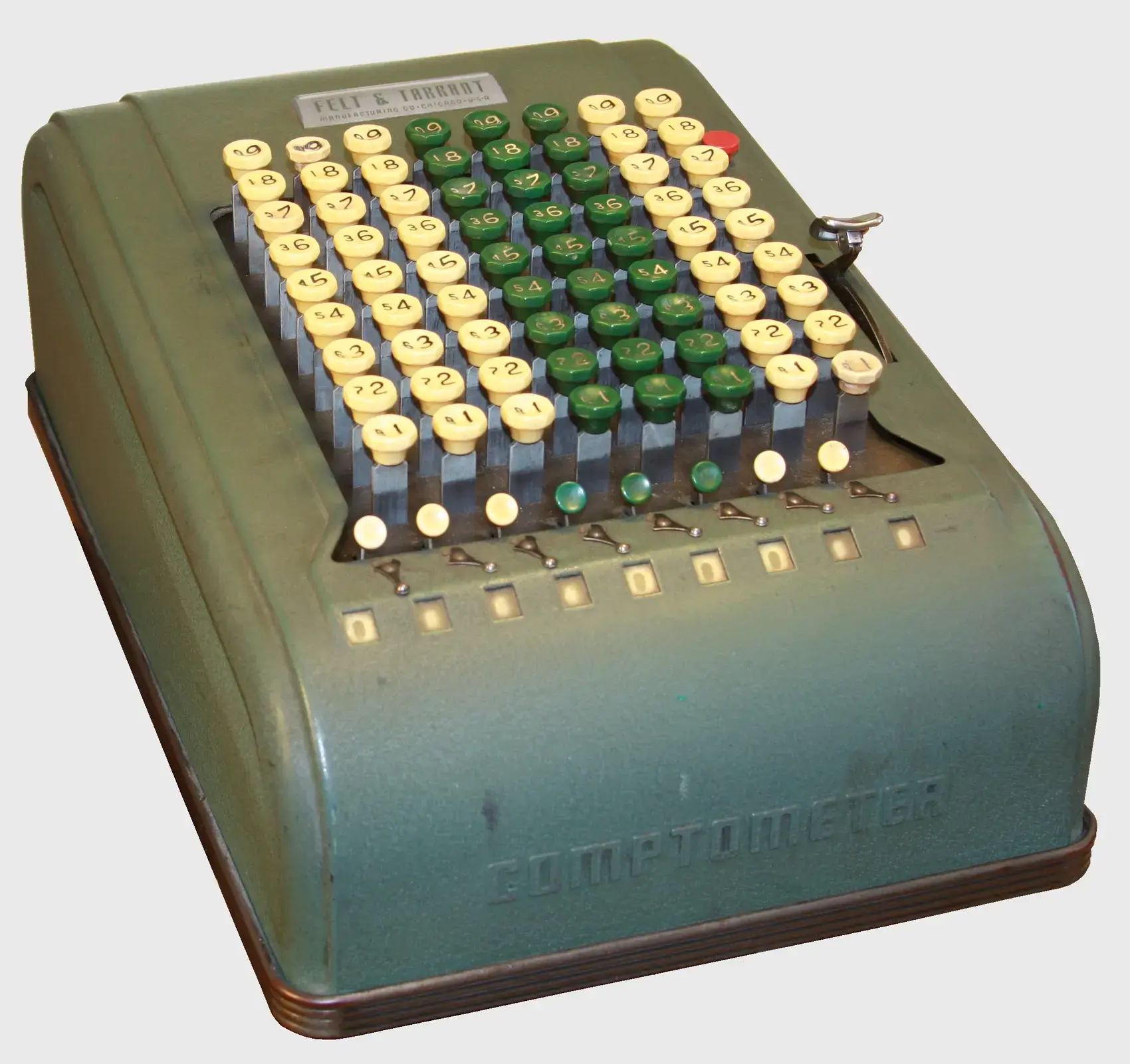 A Comptometer mechanical calculator with rows of green and cream keys