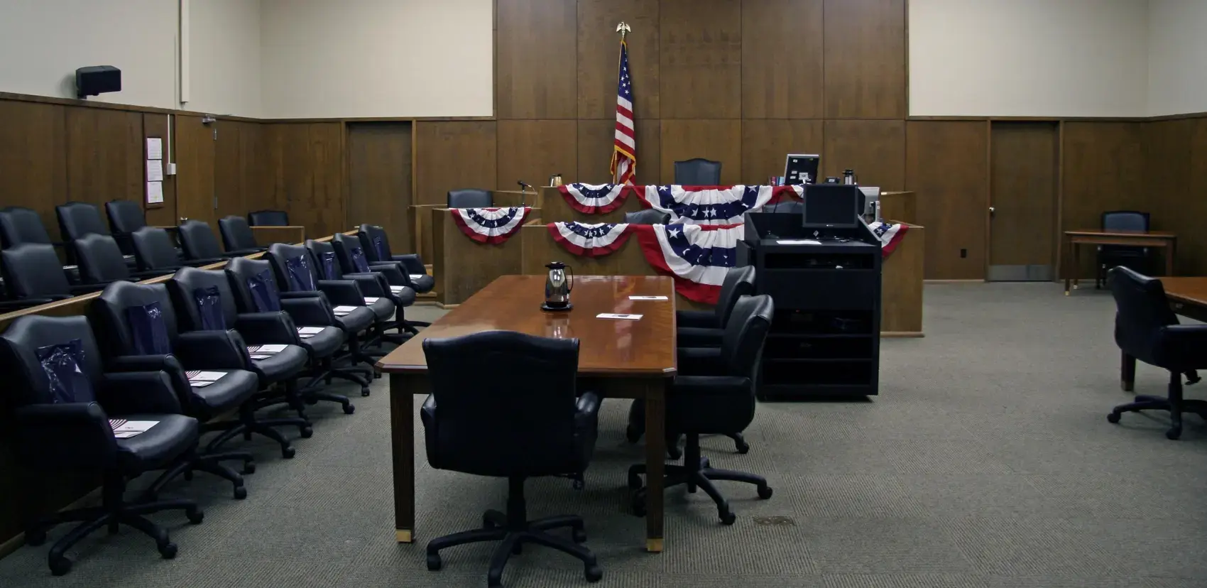 A federal courtroom in Hannibal, Missouri, with counsel tables and the bench