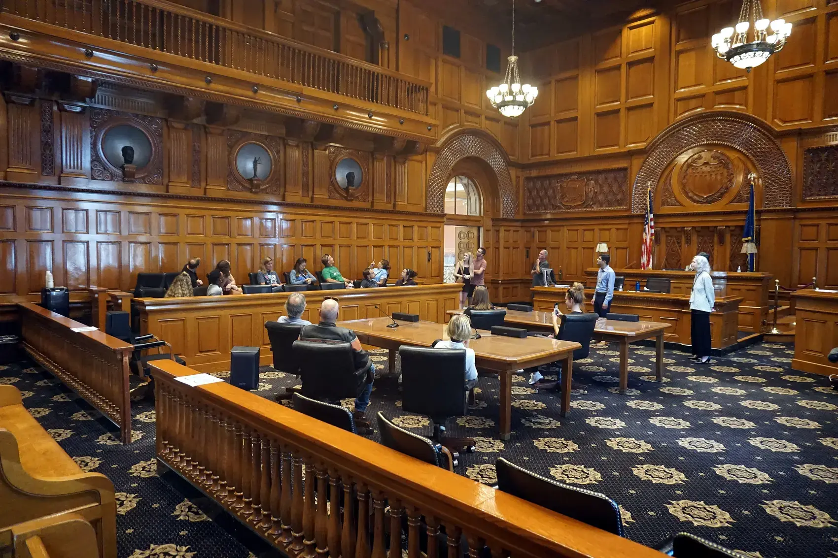 A wood panelled courtroom in the Federal Building in Milwaukee