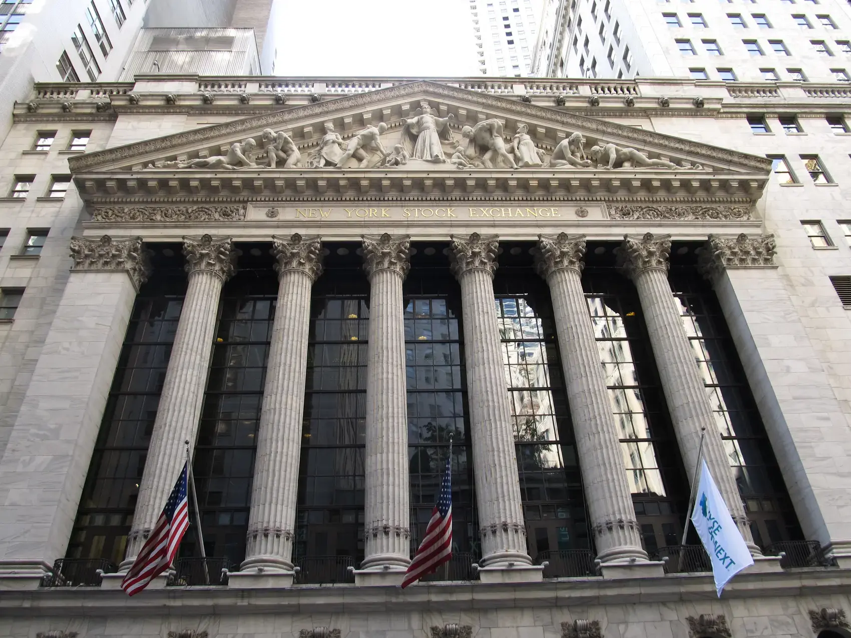 The columned facade of the New York Stock Exchange on Broad Street