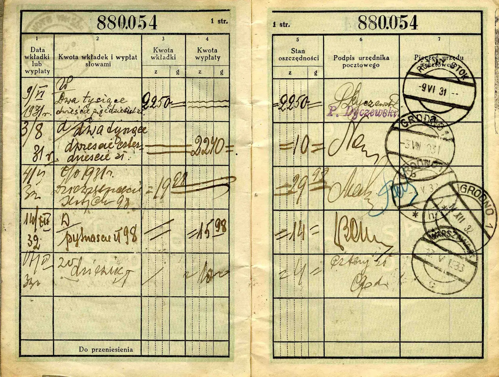 Handwritten entries and post office stamps in a savings passbook ledger