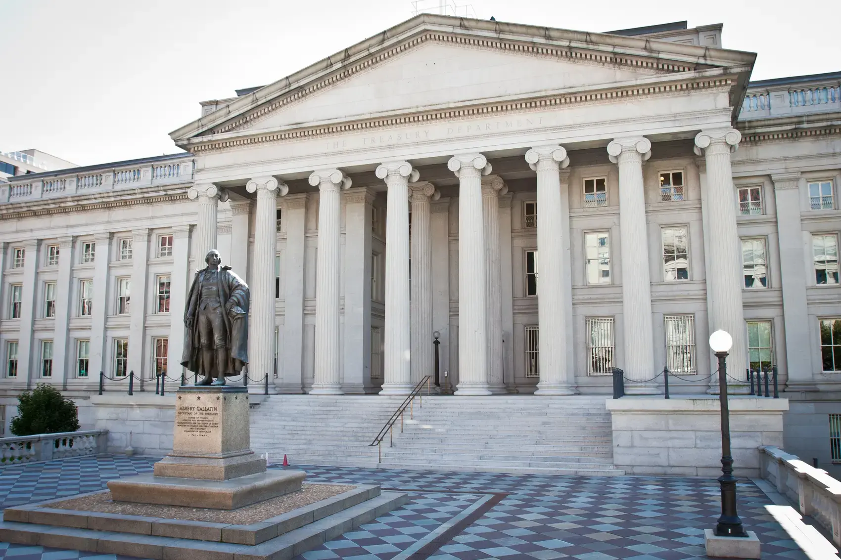 The United States Treasury Building in Washington with the Albert Gallatin statue