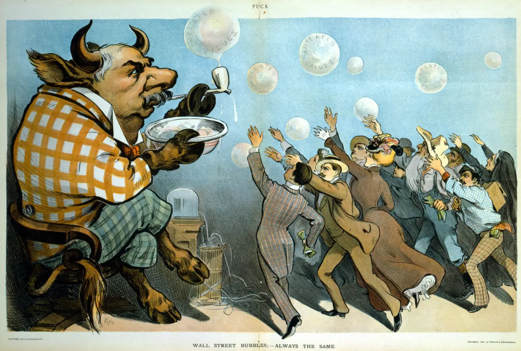 Wall Street Bubbles, Always the Same, an 1901 Keppler cartoon of speculators chasing bubbles